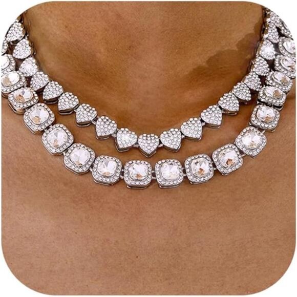 Silver Rhinestone Heart & Diamond Tennis Chain Set | Iced Out Layered Necklace - Picture 1 of 5